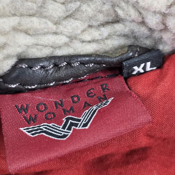 Wonder Woman DC Comics Lamb skin Leather Jacket Womens XL Brown Sherpa Aviator - Picture 15 of 16